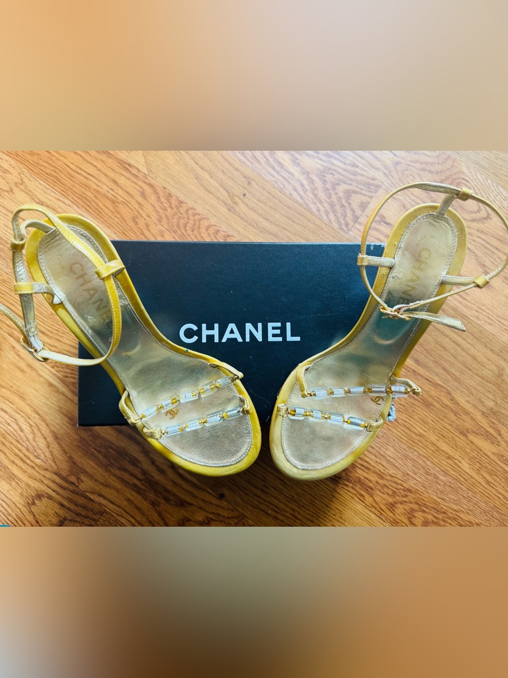 CHANEL Gold/Yellow Beaded Ankle-Strap Sandals Size 39.5 DAMAGED/Needs Repair
